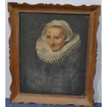 An 18/19th Century oil on canvas shoulder length portrait of a lady in oak frame (2 slits to canvas ... 