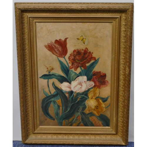 138 - A 19th Century oil on board still life of butterfly and flowers, indistinctly monogrammed and dated ... 