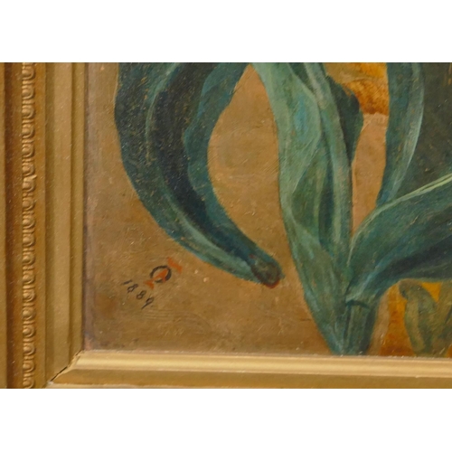 138 - A 19th Century oil on board still life of butterfly and flowers, indistinctly monogrammed and dated ... 