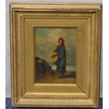 A small 19th Century oil on canvas portrait of a young lady standing on shoreline, unsigned, in gilt... 