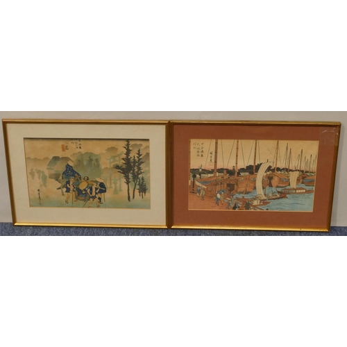 144 - 2 Hirosige coloured Oriental wood block prints depicting figures and moored boats and figures carryi... 