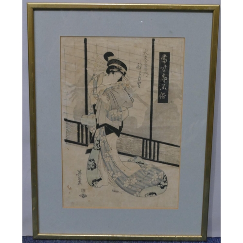 145 - 2 Oriental woodblock prints, full length portraits of ladies, in gilt frames, 37 x 25cm.