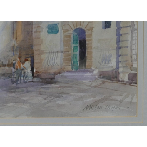 151 - Michael Chaplin watercolour depicting figures in courtyard, signed, in gilt frame, 33 x 48cm.