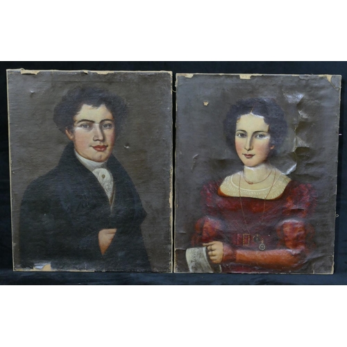 156 - 2 19th Century Continental Oil on canvas half-length portraits of young gentleman and lady, both unf... 