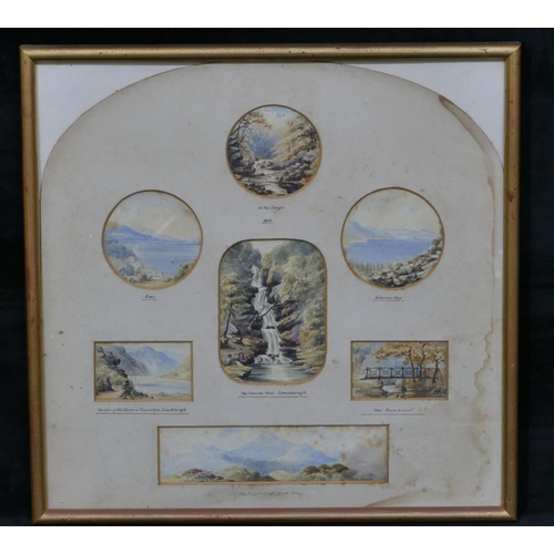 157 - 7 miniature Irish watercolours set to the circle and rectangular, all mounted in single frame 