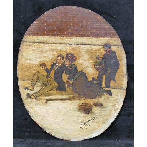 161 - J Crawford oval oil on metal depicting figures slipped on ice, signed and dated '10, unframed, 25 x ... 