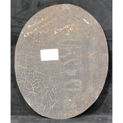 161 - J Crawford oval oil on metal depicting figures slipped on ice, signed and dated '10, unframed, 25 x ... 