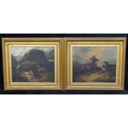 163 - A pair of 19th Century oil on canvas paintings depicting hunting scenes, both indistinctly signed, i... 