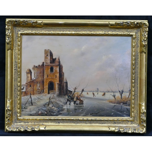 164 - A 19th Century Dutch oil on board depicting ruins with figures skating on ice, windmill and building... 