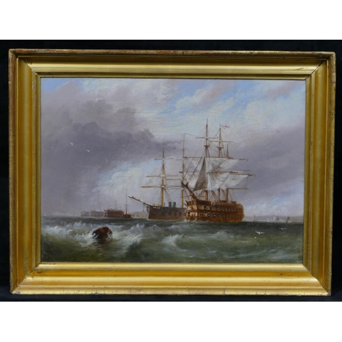 165 - W Richards marine oil on canvas depicting naval ships, signed, in gilt frame, 25 x 35cm (relined).