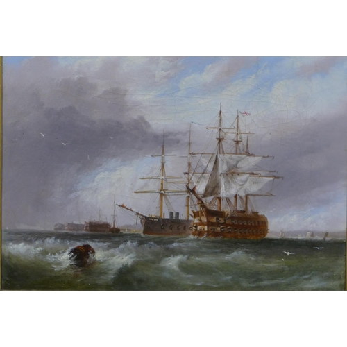 165 - W Richards marine oil on canvas depicting naval ships, signed, in gilt frame, 25 x 35cm (relined).