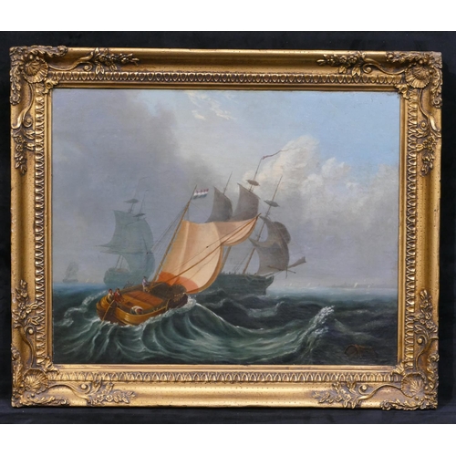 166 - A 19th Century marine oil on canvas depicting sailing boat and frigates, initialled WHB, in gilt fra... 