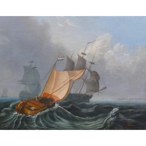 166 - A 19th Century marine oil on canvas depicting sailing boat and frigates, initialled WHB, in gilt fra... 