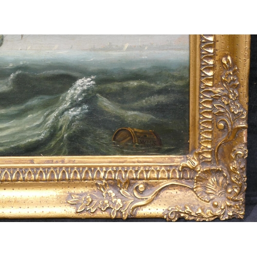 166 - A 19th Century marine oil on canvas depicting sailing boat and frigates, initialled WHB, in gilt fra... 