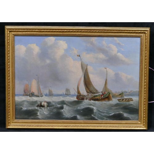 167 - A 19th Century marine oil on canvas depicting various sailing boats with frigates in background with... 