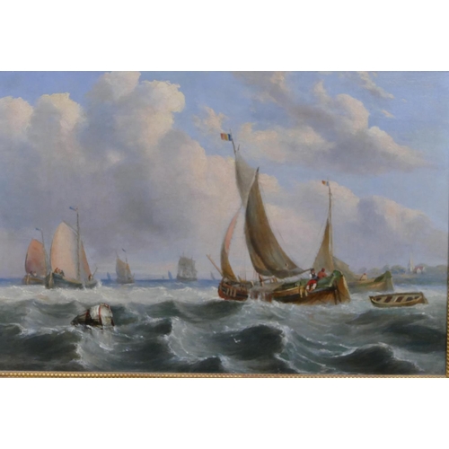 167 - A 19th Century marine oil on canvas depicting various sailing boats with frigates in background with... 