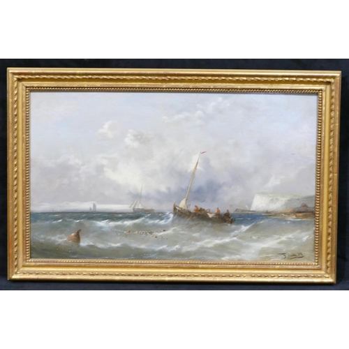 168 - Thomas Bush Hardy marine oil on canvas depicting fishermen gathering nets, boats and cliffs in backg... 