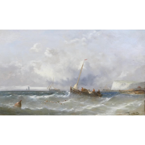 168 - Thomas Bush Hardy marine oil on canvas depicting fishermen gathering nets, boats and cliffs in backg... 