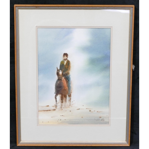 169 - Watercolour depicting figure on horseback, indistinctly signed, framed, 36 x 26cm.