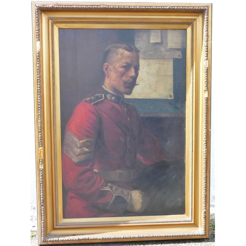 176 - An oil on canvas half-length portrait of a seated Sergeant in uniform, unsigned, in gilt frame, 90 x... 