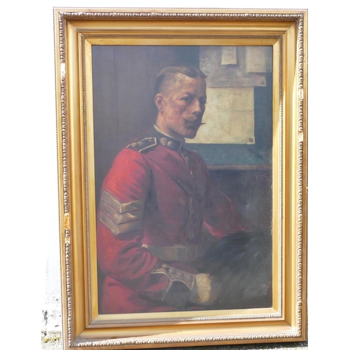 176 - An oil on canvas half-length portrait of a seated Sergeant in uniform, unsigned, in gilt frame, 90 x... 