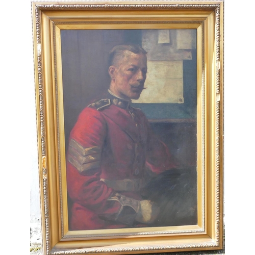 176 - An oil on canvas half-length portrait of a seated Sergeant in uniform, unsigned, in gilt frame, 90 x... 