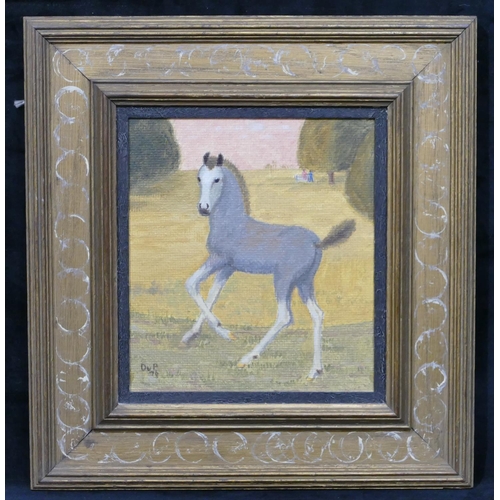 179 - Mary Du Pontet oil on board depicting foal in open landscape, monogrammed and dated 76 in gilt frame... 