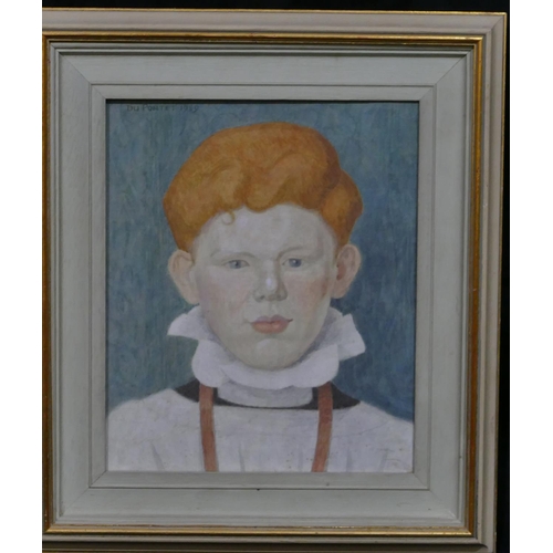 180 - Mary Du Pontet oil on canvas, shoulder length portrait of a choir boy, signed and dated 1959 in grey... 