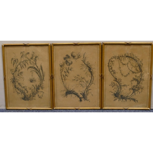 184 - A set of 3 J. Pillement black and white prints with floral, fence and scroll decoration, all in gilt... 