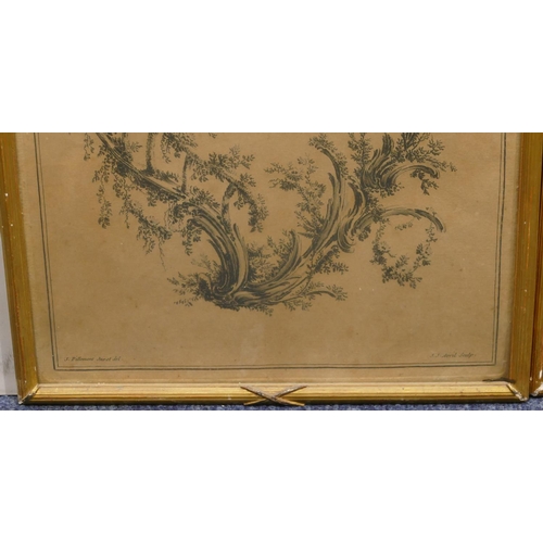 184 - A set of 3 J. Pillement black and white prints with floral, fence and scroll decoration, all in gilt... 