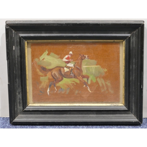 185 - Joseph Appleyard oil on card depicting racehorse with jockey, unsigned but inscribed to reverse in b... 