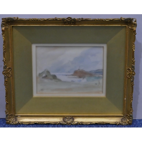 193 - A small marine watercolour depicting shoreline, indistinctly monogrammed SM.C, in gilt frame, mounte... 