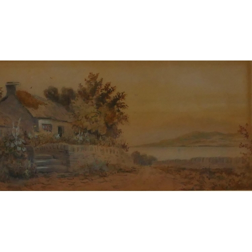 194 - A watercolour depicting thatched cottage overlooking lake, unsigned, in gilt frame, 17 x 31cm and a ... 