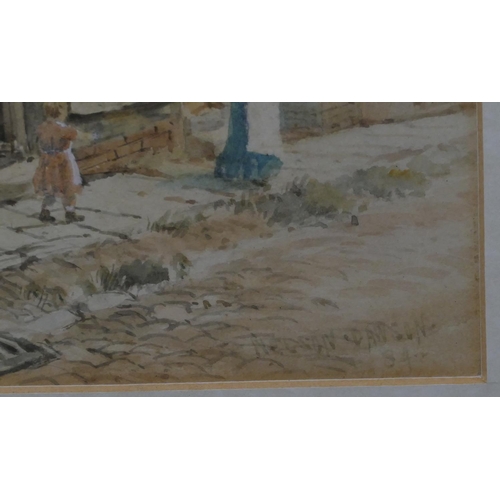 195 - Nelson Dawson 19th Century watercolour depicting mother and child on cobbled street, signed and date... 