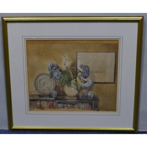 198 - A watercolour depicting a jug of flowers standing on bookcase, unsigned, in gilt frame, 35 x 42.5cm.