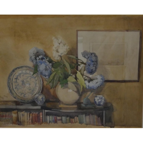 198 - A watercolour depicting a jug of flowers standing on bookcase, unsigned, in gilt frame, 35 x 42.5cm.