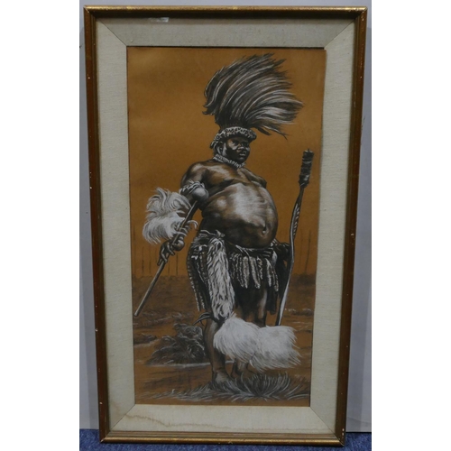 203 - Pencil and charcoal sketch, full length portrait of African warrior, unsigned in gilt frame, 56cm x ... 