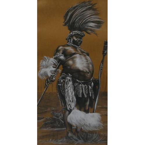 203 - Pencil and charcoal sketch, full length portrait of African warrior, unsigned in gilt frame, 56cm x ... 