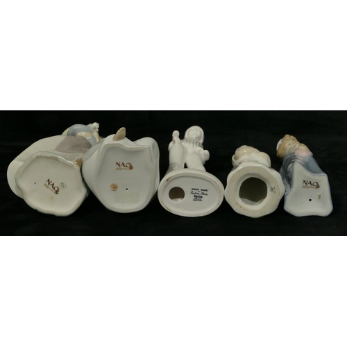 26 - 3 Nao figures of lady holding puppies and seated girl feeding a lamb etc. Also a Spode group 