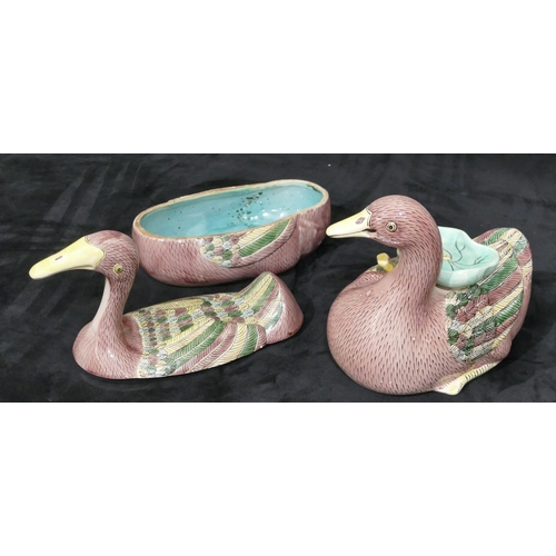 3 - A 20th Century Oriental glazed figure of a duck and a similar tureen duck on coloured ground, 20cm h... 