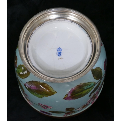 39 - A China round bulbous shaped jardiniere with silver plated neck and sweeping base on turquoise groun... 