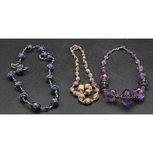 394 - 2 Venetian glass bead necklaces and a purple glass bead necklace (3)