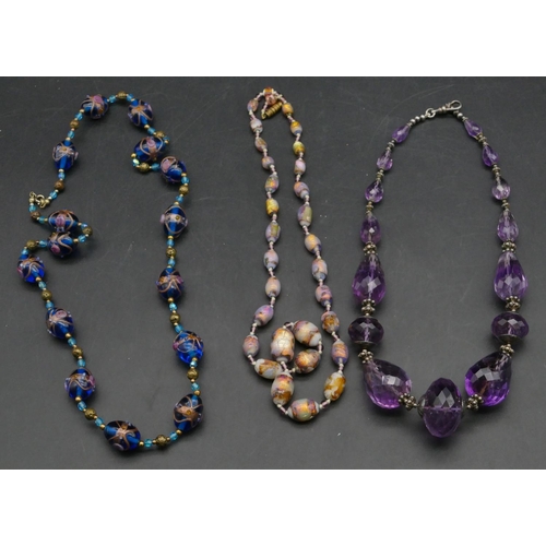 394 - 2 Venetian glass bead necklaces and a purple glass bead necklace (3)