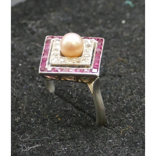 466 - An Art Deco ladies platinum square ring set with centre pearl, surrounded by 16 diamonds and various... 