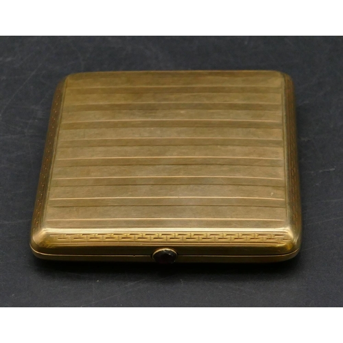 470 - A 14ct gold cigarette case with red stone cabochon button, engraved key pattern and part engine turn...