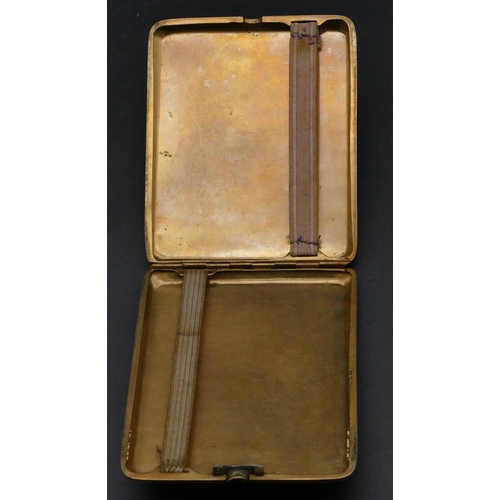 470 - A 14ct gold cigarette case with red stone cabochon button, engraved key pattern and part engine turn... 