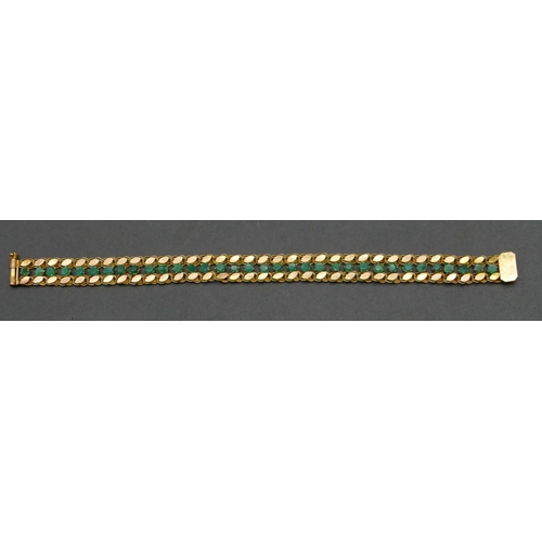 476 - A high ct gold flat linked bracelet mounted with emeralds, 17cm long, 8.8 grams gross.