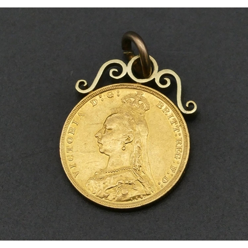 481 - A Victorian gold sovereign with soldered pendant, 1888, 9.7 grams gross.