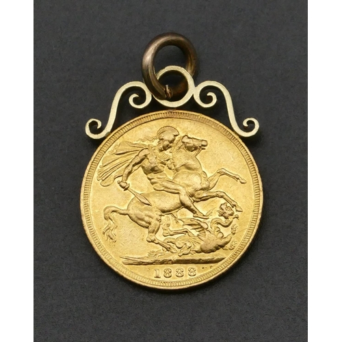 481 - A Victorian gold sovereign with soldered pendant, 1888, 9.7 grams gross.