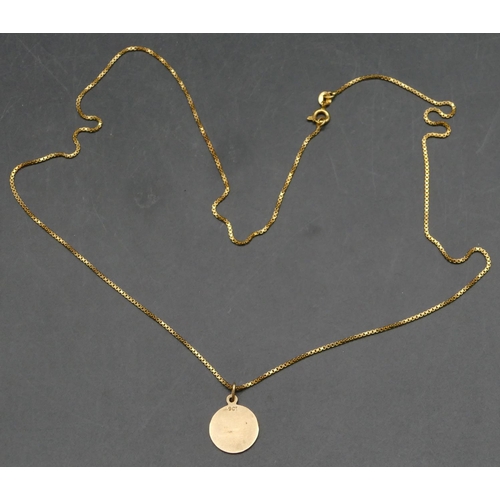 486 - An 18ct gold square linked chain, 60cm long, mounted with 9ct gold circular pendant, 8 grams gross.